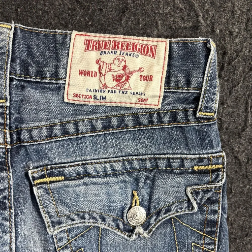 True Religion Lost Lagoon Jeans Mens 29 Blue Slim Flap Medium Wash Pockets